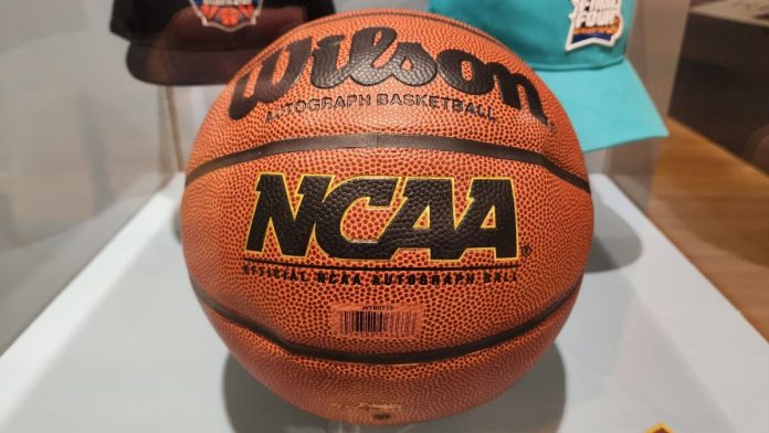An NCAA basketball used during March Madness