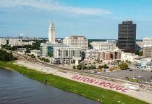 Wide view of Baton Rogue including the Louisiana State Capitol