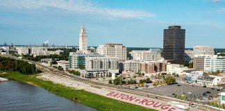 Wide view of Baton Rogue including the Louisiana State Capitol