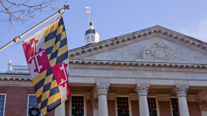Maryland-House-passes-sweeps-ban-but-online-casino-hopes-evaporate The Maryland flag flies outside the state house