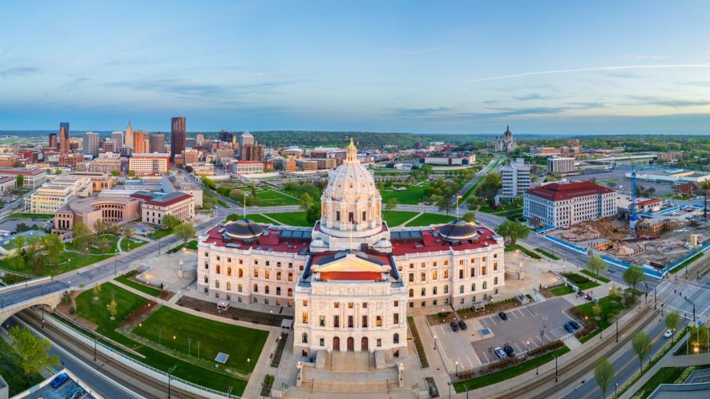 A wide-angle shot of the Minnesota State Capitol building in Saint Paul, MN