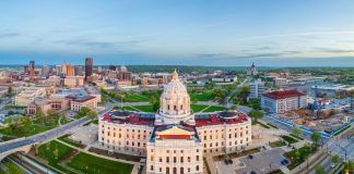 A wide-angle shot of the Minnesota State Capitol building in Saint Paul, MN