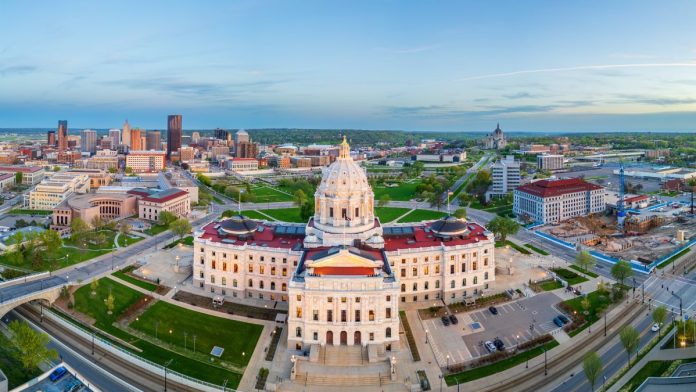 Minnesota-bills-propose-banning-prediction-markets-sweepstakes-casinos A wide-angle shot of the Minnesota State Capitol building in Saint Paul, MN