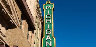 A Michigan sign on the Michigan Theatre in Jackson