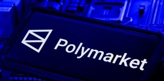 The Polymarket logo on a phone