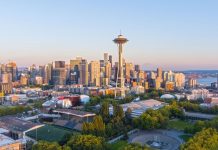 Seattle, Washington, skyline at sunset in