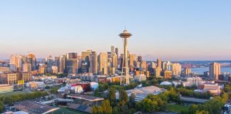 Seattle, Washington, skyline at sunset in