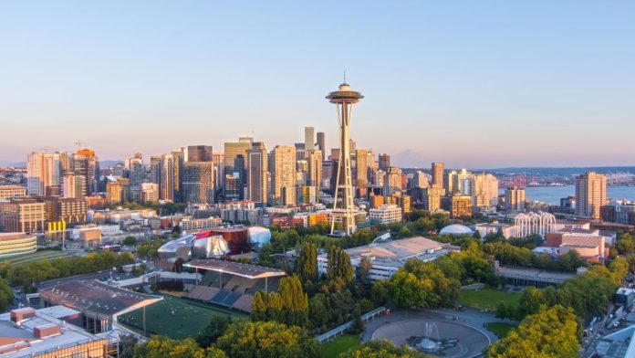 Washington-AG-sues-Kalshi-in-state-court Seattle, Washington, skyline at sunset in