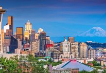 Washington passes bill to loosen college sports betting rules Seattle, Washington, downtown city skyline at dusk