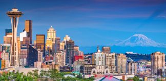 Seattle, Washington, downtown city skyline at dusk