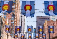 Colorado flags flying in Denver, Colo.