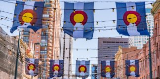 Colorado flags flying in Denver, Colo.