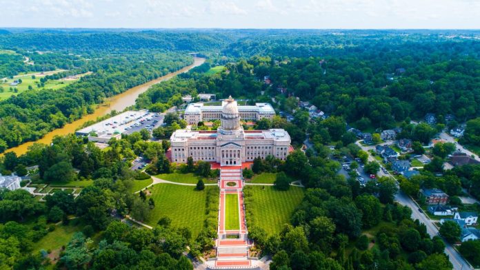 Gov.-Beshear-vetoes-Kentuckys-betting-and-prediction-markets-bill Aerial view of theKentucky State Capitol in Frankfort