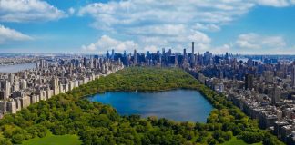 View of New York skyline and Central Park from the sky