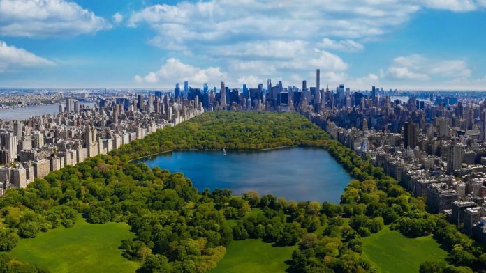 View of New York skyline and Central Park from the sky