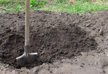 A shovel in the ground digging a hole