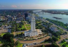 Aerial view of Baton Rouge with the Louisiana State Capitol in the foreground