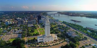 Aerial view of Baton Rouge with the Louisiana State Capitol in the foreground