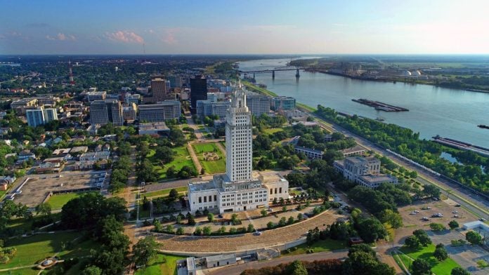 Aerial view of Baton Rouge with the Louisiana State Capitol in the foreground
