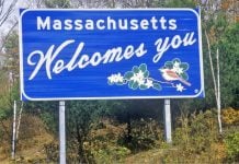 Welcome to Massachusetts sign as Aristocrat enters the state's iLottery market.