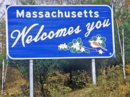 Welcome to Massachusetts sign as Aristocrat enters the state's iLottery market.