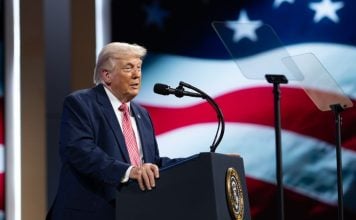 President Donald Trump gives a speech from a teleprompter