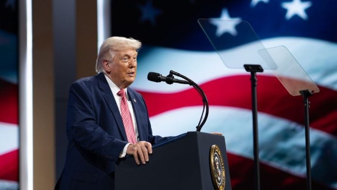 President Donald Trump gives a speech from a teleprompter