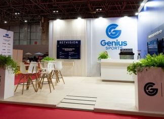 A Genius Sports booth at an SBC event