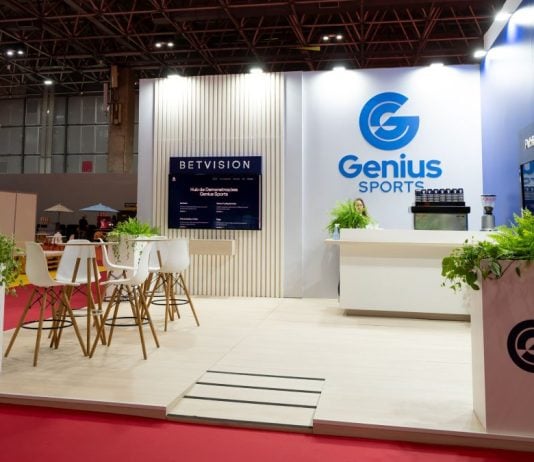A Genius Sports booth at an SBC event