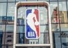 The NBA logo on a storefront