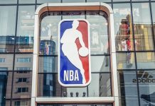 The NBA logo on a storefront