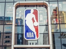 The NBA logo on a storefront