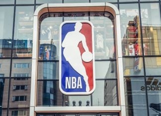 The NBA logo on a storefront