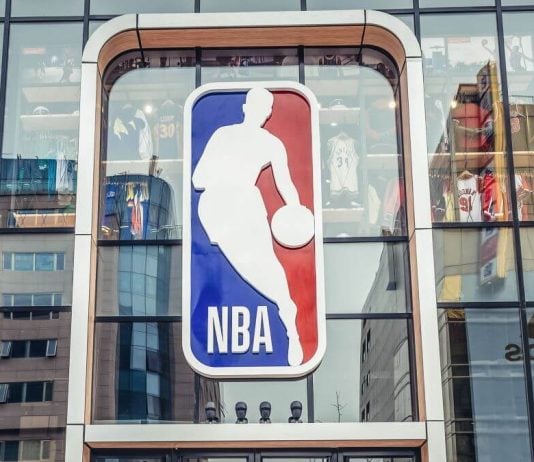 The NBA logo on a storefront