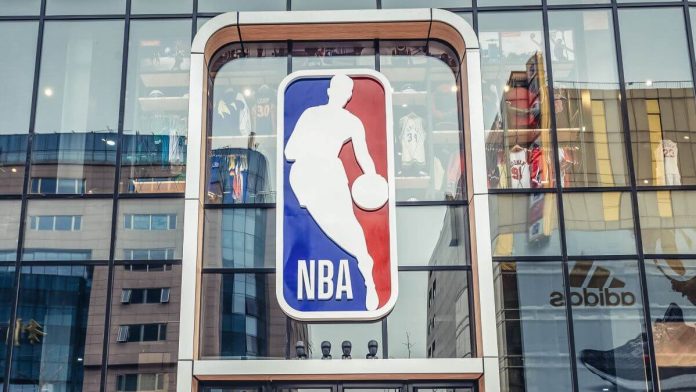 The NBA logo on a storefront